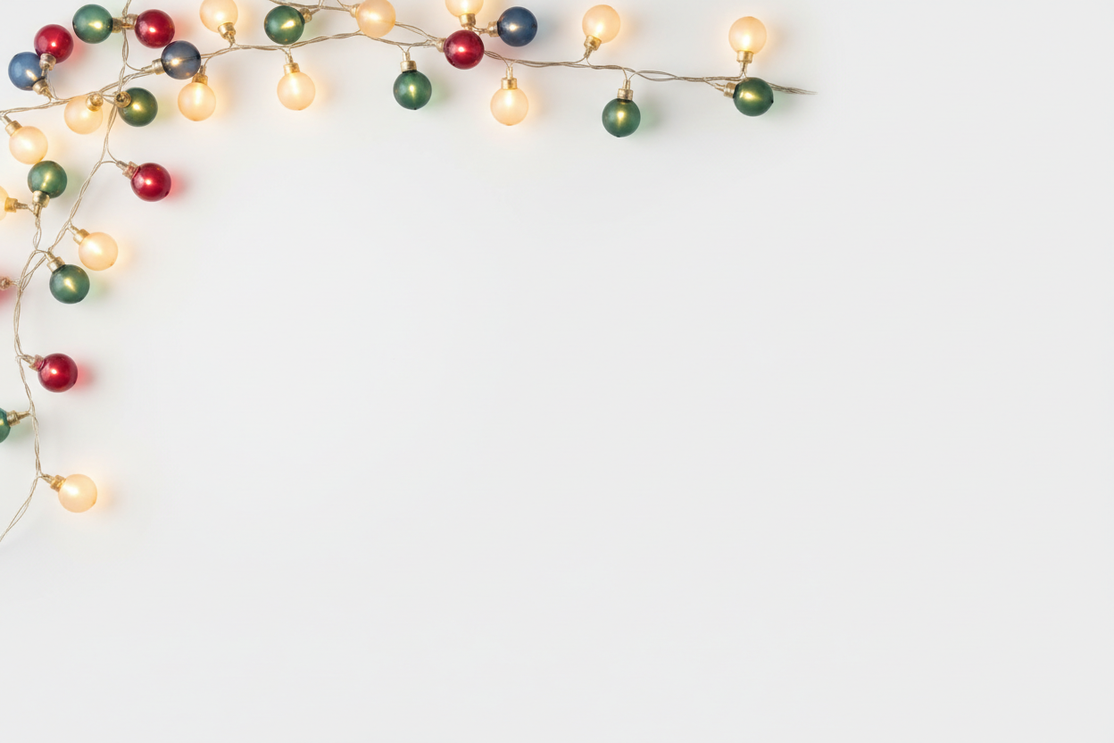simple white background with some christmas lights in the top corner